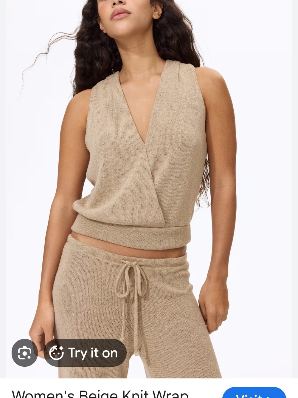 Beige Knit Wrap V-Neck Tank